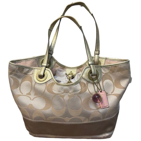 Large Matching Wallet Khaki and Tan Signature C Metallic Fabric Tote 12"L x 5"W - Picture 13 of 16